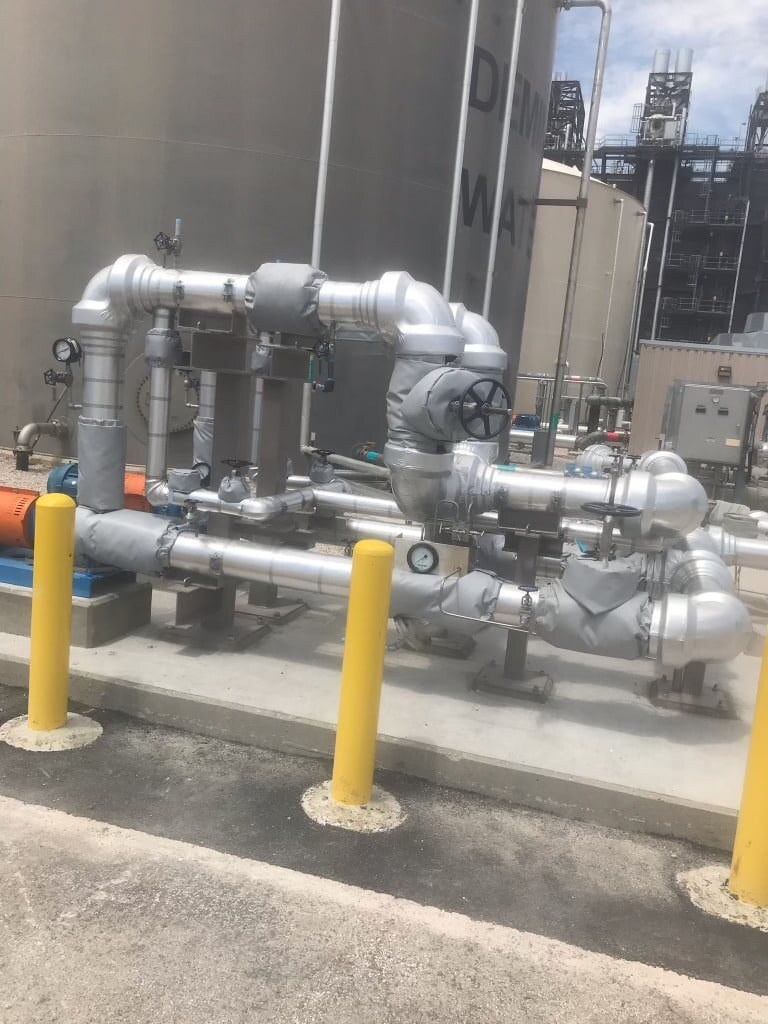 Insulated piping and valves at a pump station